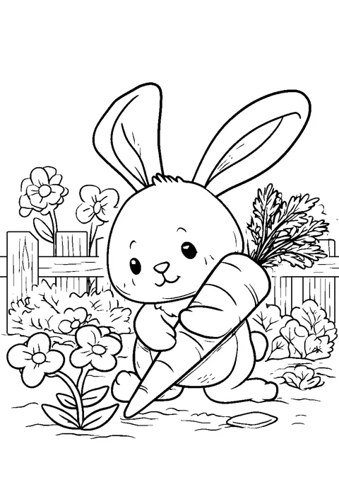 Coloriage : Le lapin au potager